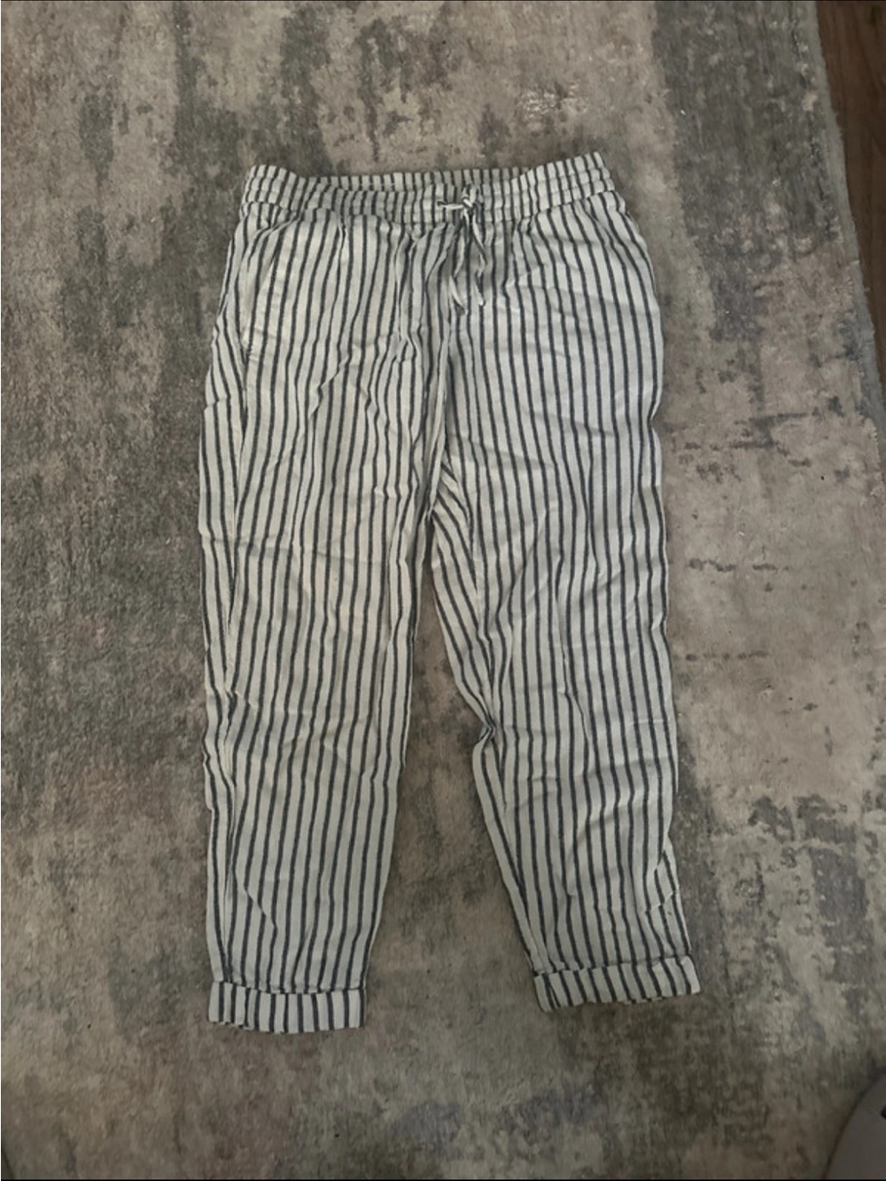 Striped Drawstring Linen-Blend Women’s Pants - White & Navy
